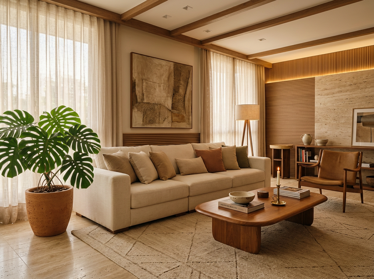 Sala de estar com decoração em tons neutros e madeira, exemplo de design de interiores